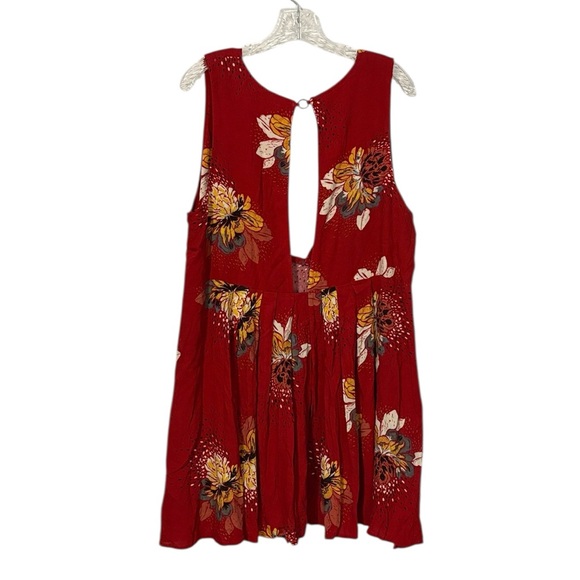 Free People Lovely Day Floral Print Mini Tunic Dress L Red Boho Tie Front Boxy - Picture 11 of 15